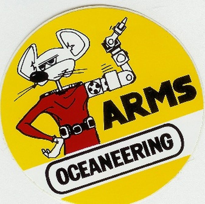 Cartoon mouse with robotic arm, "Oceaneering" text.